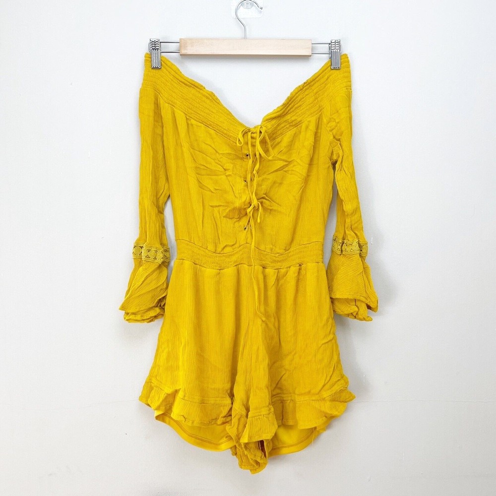 Purple snow Mustard yellow romper Off the shoulders Ruffle Long sleeves Large